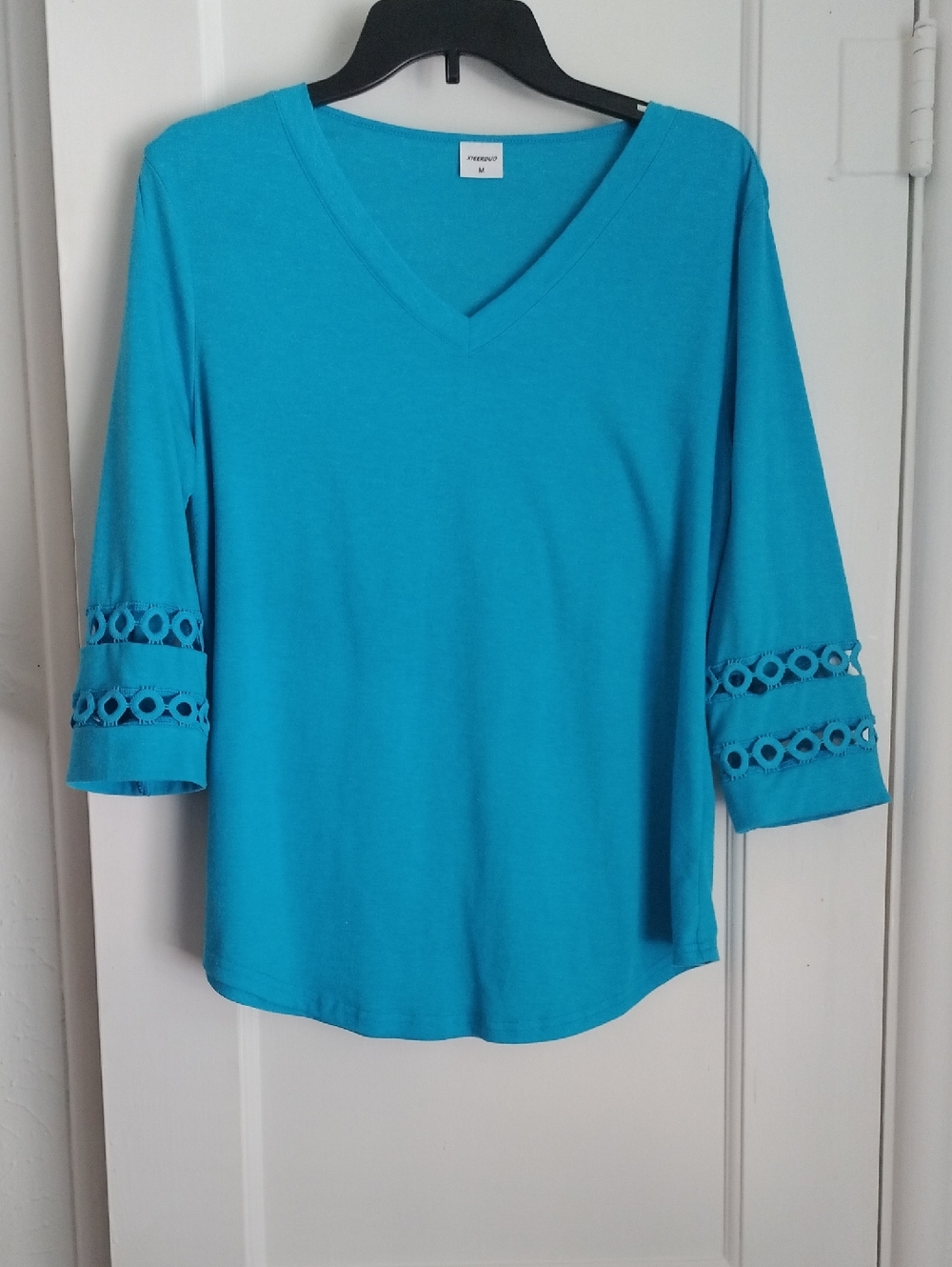 Turquoise V-Neck Women's Top with Eyelet Sleeve Detail Size M